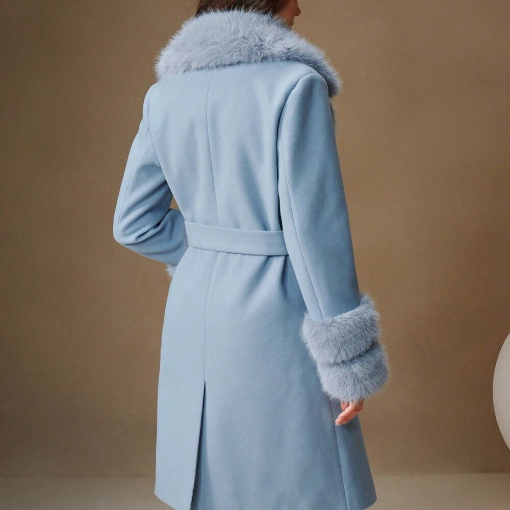 Blue And White Elegant Women's Faux Fur Collar Wool Blend Long Belted Coat - Picture 6 of 8